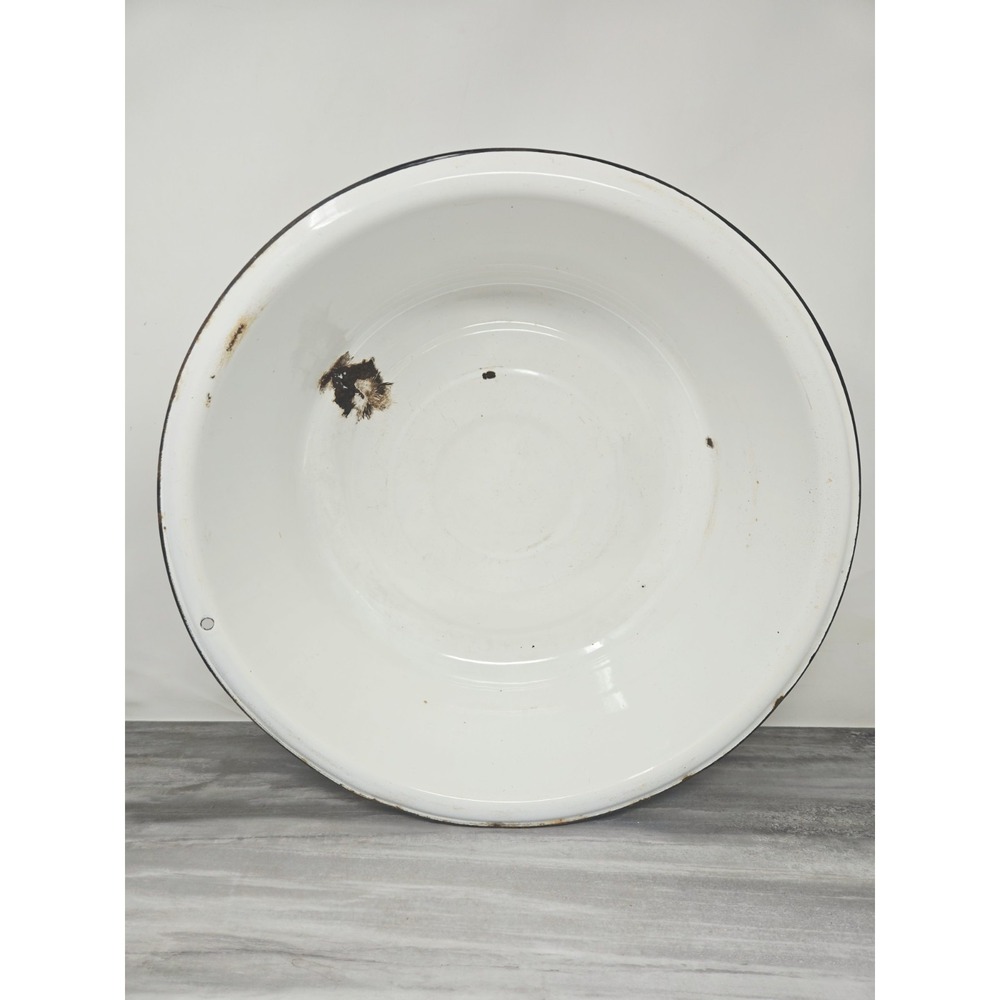 VTG White Black Enamelware Basin Bowl Antique Primitive Large 15"x15"x4" (Holes)